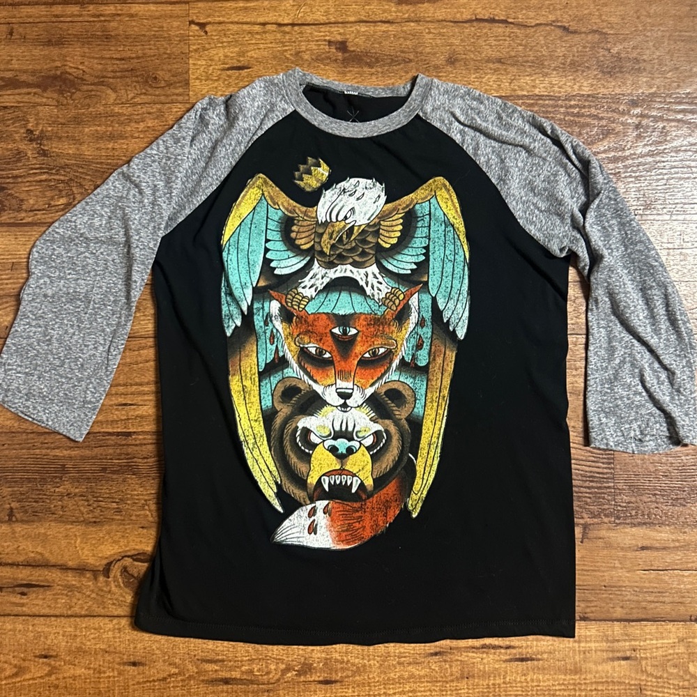 Life Clothing Co. ~ Large ~Black W/ Multi-Colors Eagle, Fox & Bear Faces ~Shirt